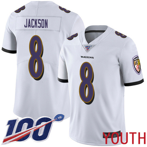 Baltimore Ravens Limited White Youth Lamar Jackson Road Jersey NFL Football #8 100th Season Vapor Untouchable->youth nfl jersey->Youth Jersey
